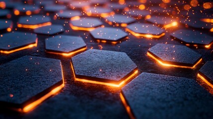 Glowing 3D tessellations of hexagons with metallic textures