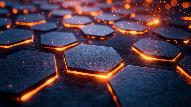 Glowing 3D tessellations of hexagons with metallic textures