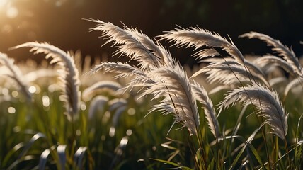 Close-up shot of tall, feathery white grass blades blowing in the wind. Premium photos with warm colors with simple and cinematic color tones.
