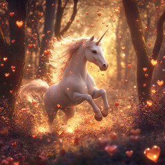 A love-struck unicorn galloping through a mystical forest