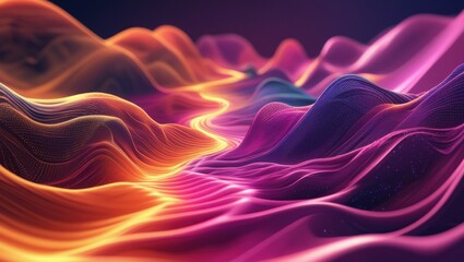 Obraz premium A captivating digital art piece showing AI-powered data streams flowing in dynamic waves of gradient hues, blending orange, magenta, and deep violet, with a glowing, futuristic effect.