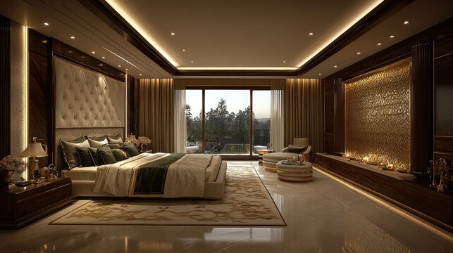 Luxurious bedroom with garden view, interior design