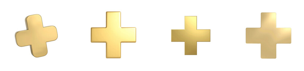 Obraz premium Elegant gold plus sign with shadows on white backdrop, cut out collection pack