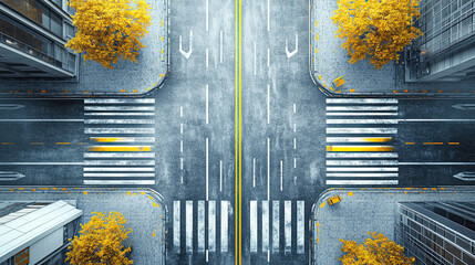 Aerial View of Urban Intersection with Yellow Trees in Autumn