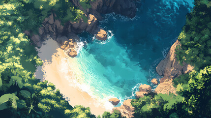 Aerial view of a secluded beach cove with clear turquoise water and surrounding trees. Shadow Cove. Illustration