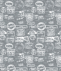 Seamless doodle travel icons and notes in sketchy grayscale hand drawn tourism pattern