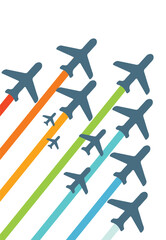 Modern airplane illustration showing flying jet silhouettes with colorful trail smoke in minimal vector design