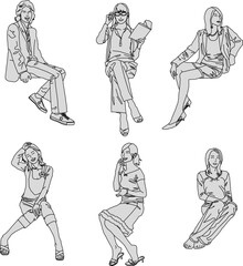 vector illustration of a sketch of a model's silhouette in fashionable fashion taking a photo shoot in a sitting position 