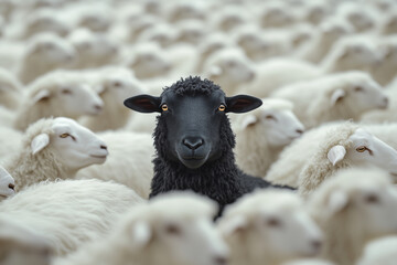 Flock of white sheep with one black sheep