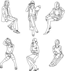 vector illustration of a sketch of a model's silhouette in fashionable fashion taking a photo shoot in a sitting position