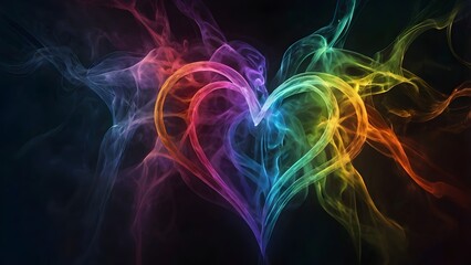 Obraz premium Rainbow-colored hearts hovering, hazy smoke swirling upward. Mysterious dark background,