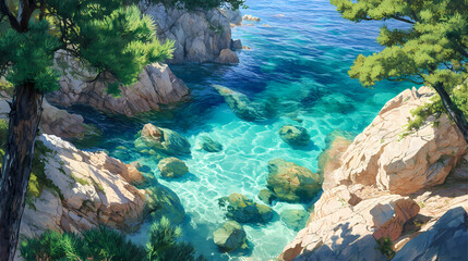 Crystal-clear turquoise water fills a rocky cove, overhung by lush green pine branches. perfect for travel, nature, or summer themes; evokes serenity and escape. Shadow Cove. Illustration