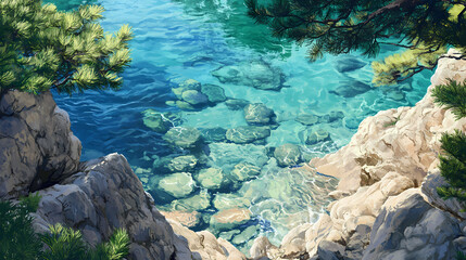 Fototapeta premium Crystal-clear turquoise water fills a rocky cove, overhung by lush green pine branches. perfect for travel, nature, or summer themes; evokes serenity and escape. Shadow Cove. Illustration