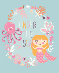 Cute cartoon mermaid character in vector illustration for baby girl t-shirt design