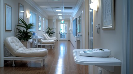 Empty chairs in a bright hallway of a clinic.