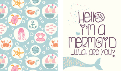 Cute cartoon mermaid character in vector illustration for baby girl t-shirt design