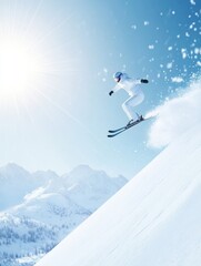 Skier Jumping Down a Snowy Mountain
