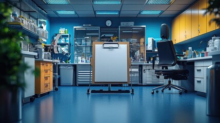 Empty lab with clipboard in the center.