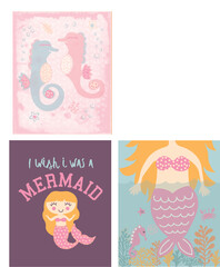 Cute cartoon mermaid character in vector illustration for baby girl t-shirt design