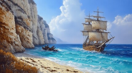 Majestic Tall Ship Sailing Near Rocky Cliff with Azure Ocean and Cloudy Sky, Scenic Beach Cove Adventure in Nautical Seascape Painting