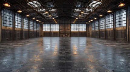 Obraz premium Empty industrial warehouse interior with concrete floor and metal roof.