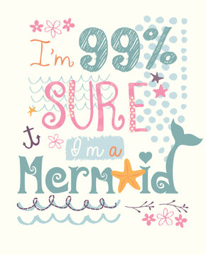 Cute cartoon mermaid character in vector illustration for baby girl t-shirt design