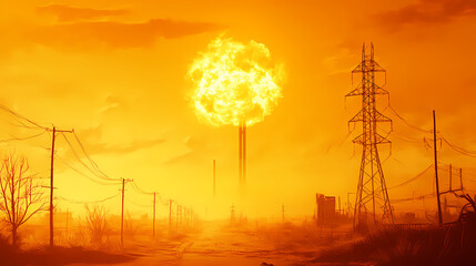 Obraz premium Glowing orange-yellow sky with a nuclear horizon, inferno, radiation. Amber Horizon. Illustration