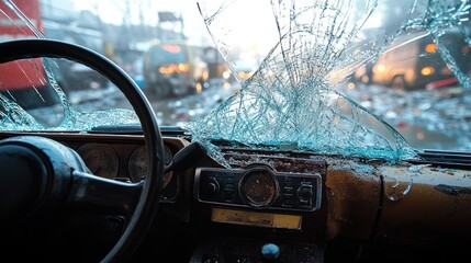 Shattered windshield, damaged car interior, accident aftermath.