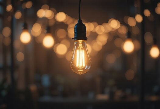 A glowing Edison bulb is the focal point, with a softly blurred background of other lights creating a warm and inviting atmosphere.