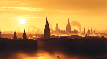 Obraz premium Golden hour cityscape: a misty silhouette of riga's skyline. Amber Horizon. Illustration
