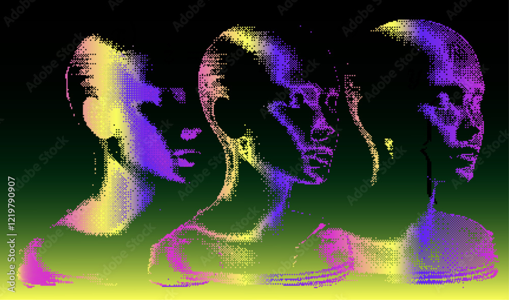 Poster Distorted and disintegrated image of human face made of holographic colorful pixel particles. Retrofuturistic vector illustration for tech and programming themes.