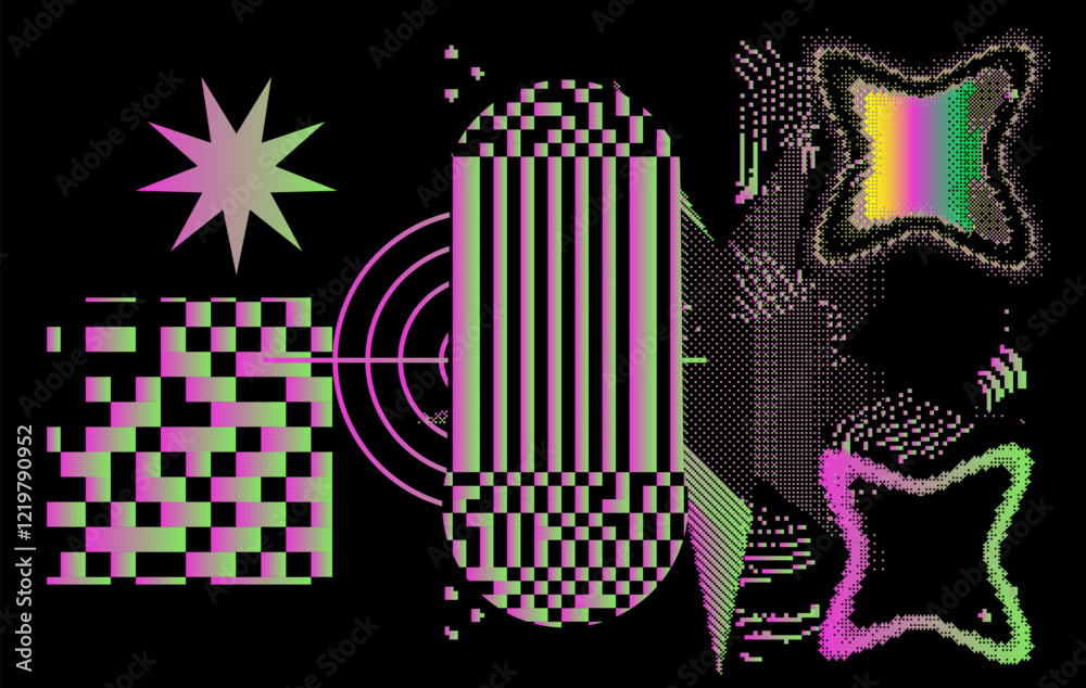 Aufkleber Brutalism and internet pixel graphics inspired vector collage made with simple geometric shapes and grunge texture in holographic bold colors, useful for poster art and digital prints.