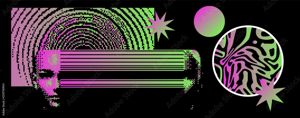 Poster brutalism and internet pixel graphics inspired vector collage made with simple geometric shapes and 