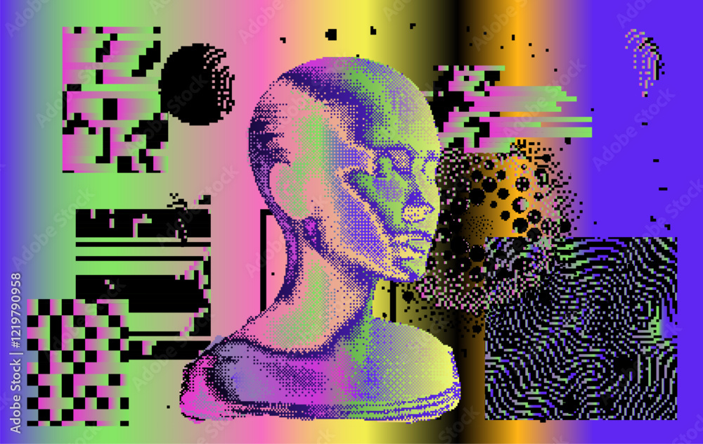 Poster Brutalism and internet pixel graphics inspired vector collage made with simple geometric shapes and grunge texture in holographic bold colors, useful for poster art and digital prints.