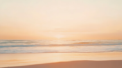 Obraz premium Golden sunsets melting into calm ocean horizons with soft amber, peach, and cream tones, capturing serene reflections and the tranquil beauty of a setting sun. Amber Horizon. Illustration