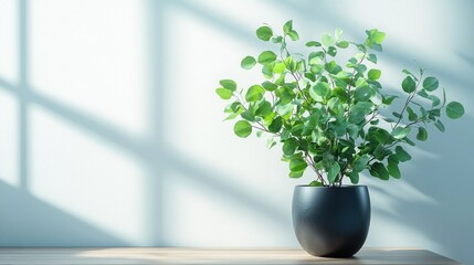 Eucalyptus plant in a black pot on a wooden table against a sunlit wall.