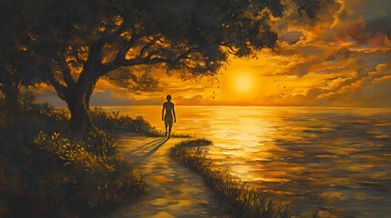 Fototapeta premium The serene scene depicts a figure leisurely strolling without shoes on a watery pathway as the amber sun dips below the horizon. Amber Horizon. Illustration