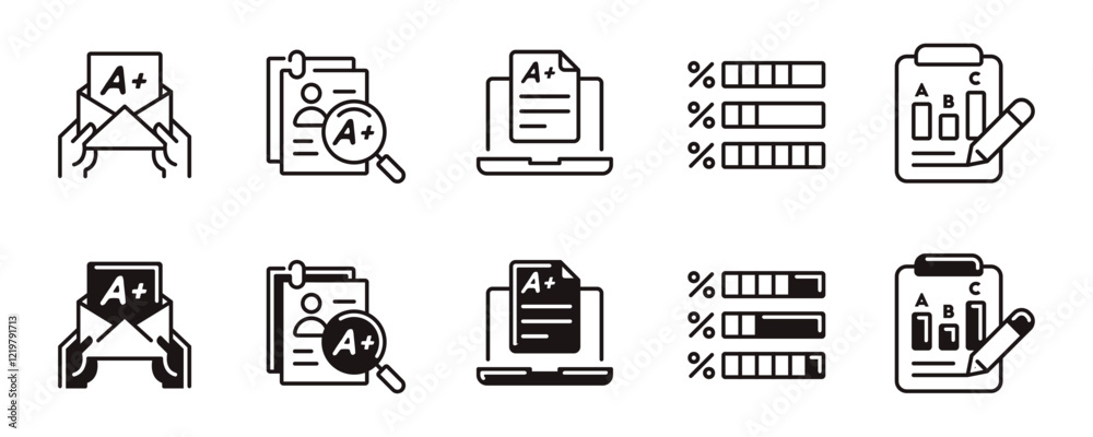 Poster simple exam score result icon line set education quiz pass grade online questionnaire task evaluatio