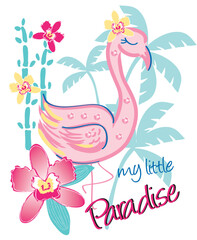 Naklejka premium Flamingo with My Little Paradise Text Summer Illustration 
