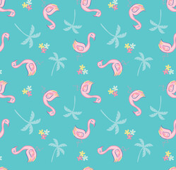 Seamless Tropical Flamingo and Palm Tree Pattern
