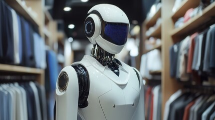 Fototapeta premium Futuristic Robot Assistant Standing in Clothing Store Aisle Offering Assistance