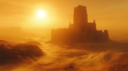Obraz premium Sunlit desert landscape, ruined castle, windswept sand.