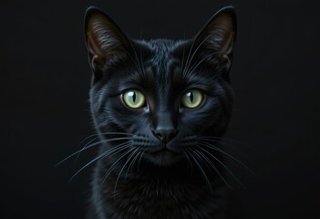 A close-up photograph of a black cat with striking yellow eyes staring directly at the camera against a dark background.