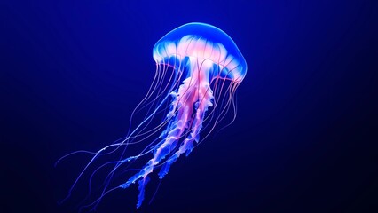 A Vibrant Jellyfish Gracefully Floats Through a Serene Deep Blue Underwater Landscape, Showcasing Its Ethereal Beauty