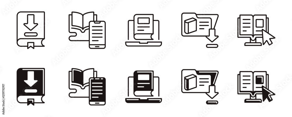Poster simple education online library icon line set learning school book download arrow digital e-book onl
