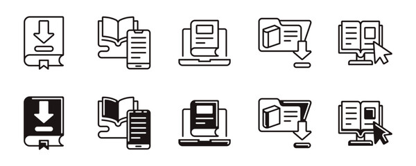 simple education online library icon line set learning school book download arrow digital e-book online course signs vector outline illustration for web and app