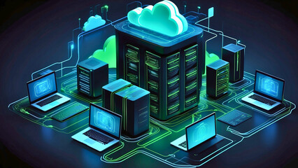 A visually stunning representation of backup solutions. The scene includes a central glowing cloud icon surrounded by interconnected elements such as server racks, PCs, laptops, and smartphones.