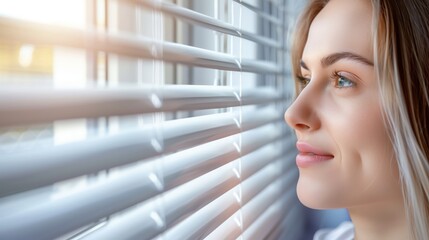 Woman separating slats of blinds indoors, closeup. Woman smiling and looking through window blinds