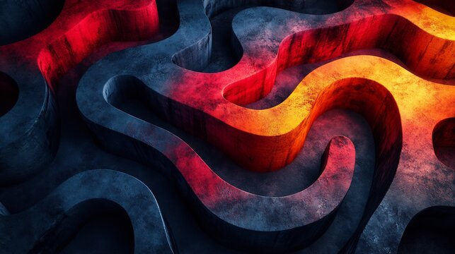 Overlapping angular patterns creating a maze like optical illusion with bold colors and dynamic contrasts for a mind bending effect