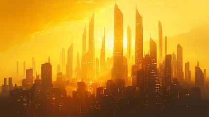 A golden yellow city skyline during sunset, creating a sense of hope and opportunity. Amber Horizon. Illustration
